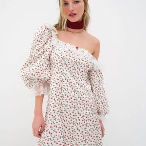 For Love & Lemons Nora Mini Dress Puff Bubble Sleeve White And Red Rosebud S